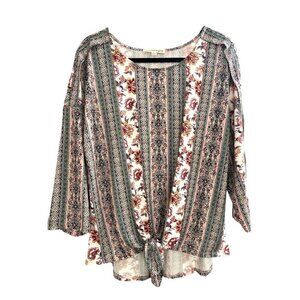 Boho Chic Floral Hippie Tie Front Blouse Gypsy Maroon Mauve Printed Blouse XL